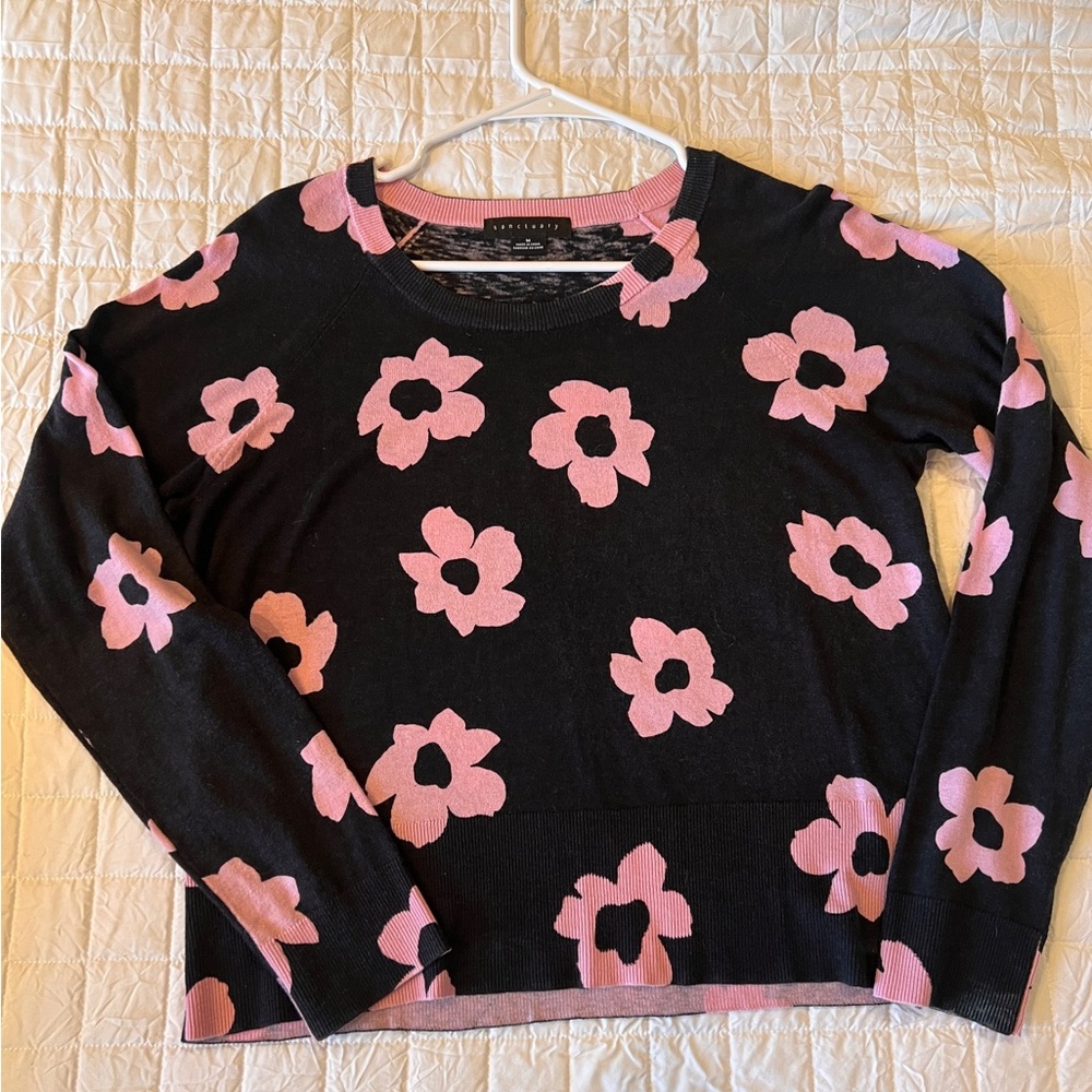 Sanctuary Black and Pink Floral Crew Neck Sweater